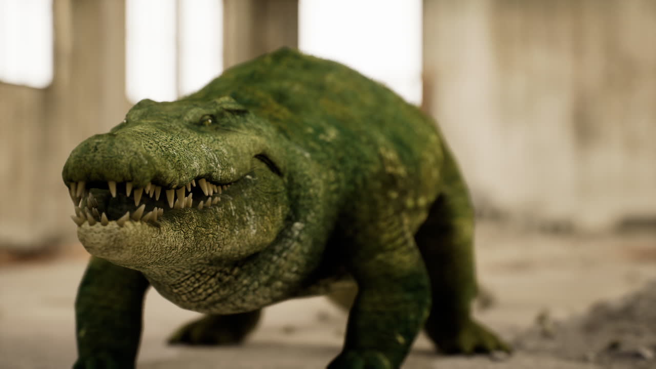 Crocodile exploring an abandoned building in a unique natural environment
