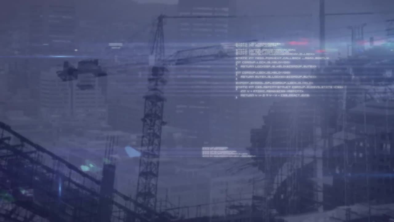 animazione dell'elaborazione dei dati e punti di luce contro il cantiere