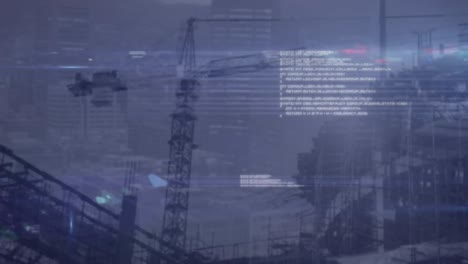 animación del procesamiento de datos y puntos de luz contra el sitio de construcción