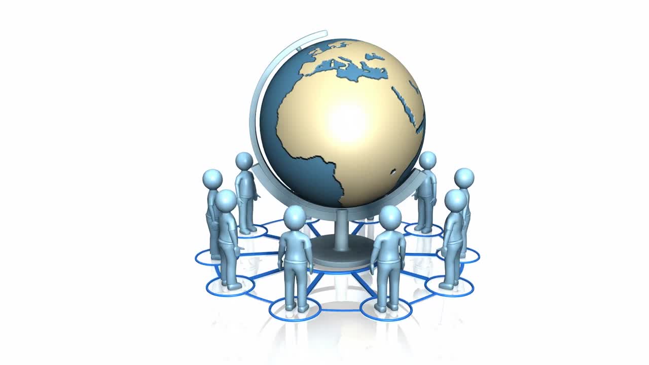 hombres 3d alrededor de un globo terrestre