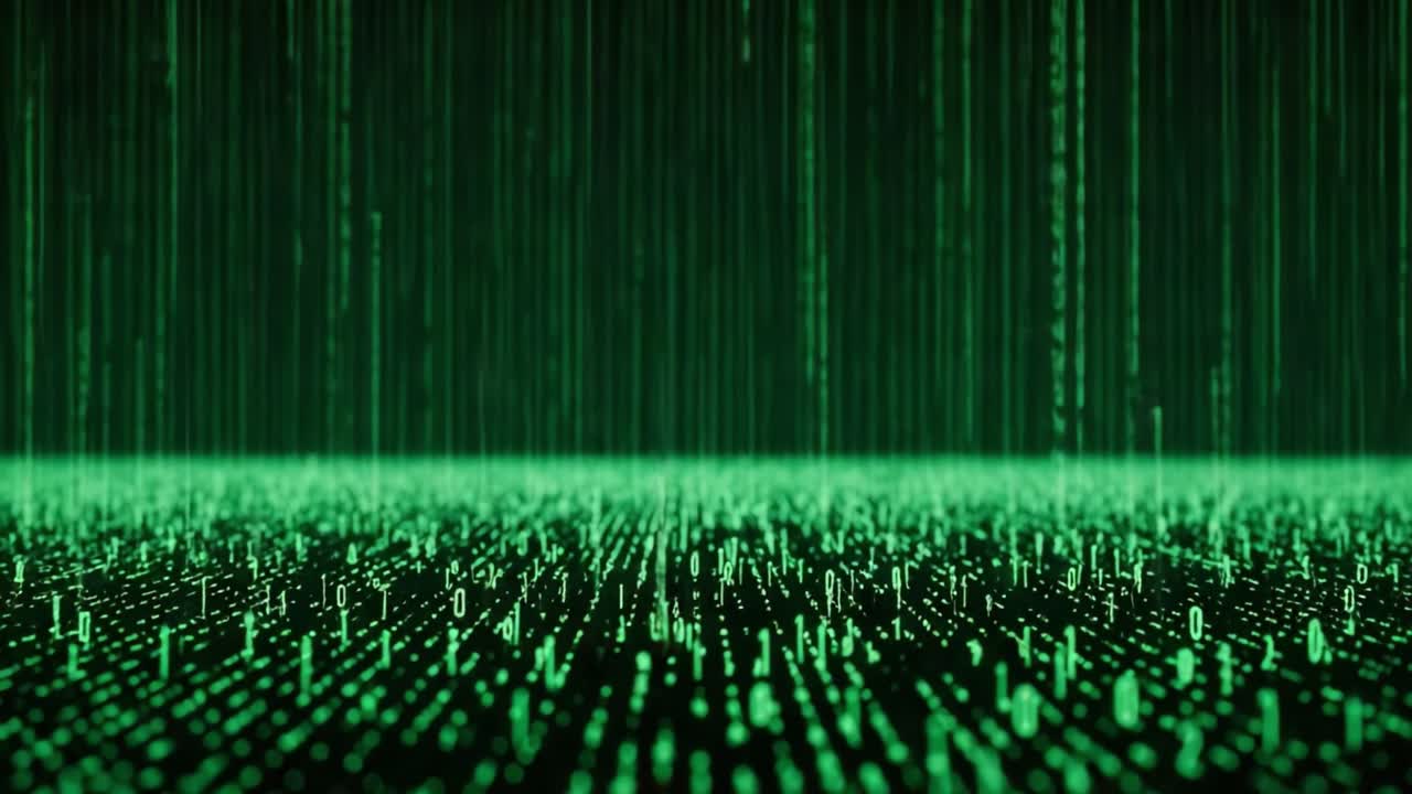 A mesmerizing visualization of cascading digital code represented by luminous green binary numbers, creating an immersive and captivating experience of data flow