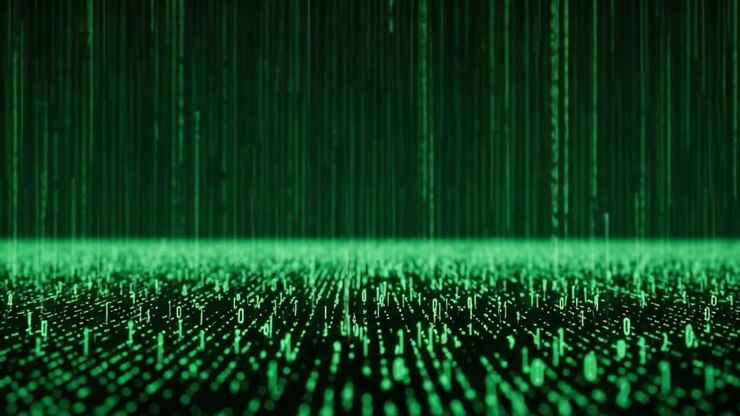 A mesmerizing visualization of cascading digital code represented by luminous green binary numbers, creating an immersive and captivating experience of data flow