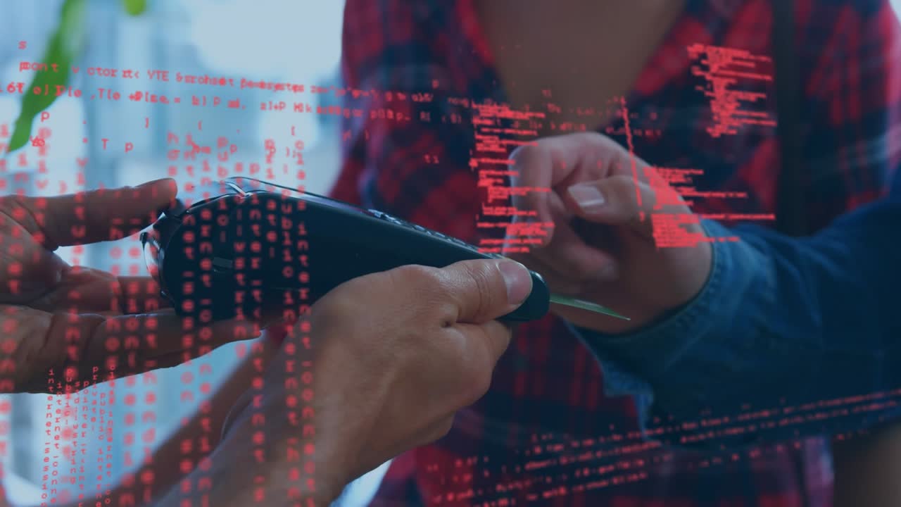 Animation of data processing over caucasian man paying with credit card