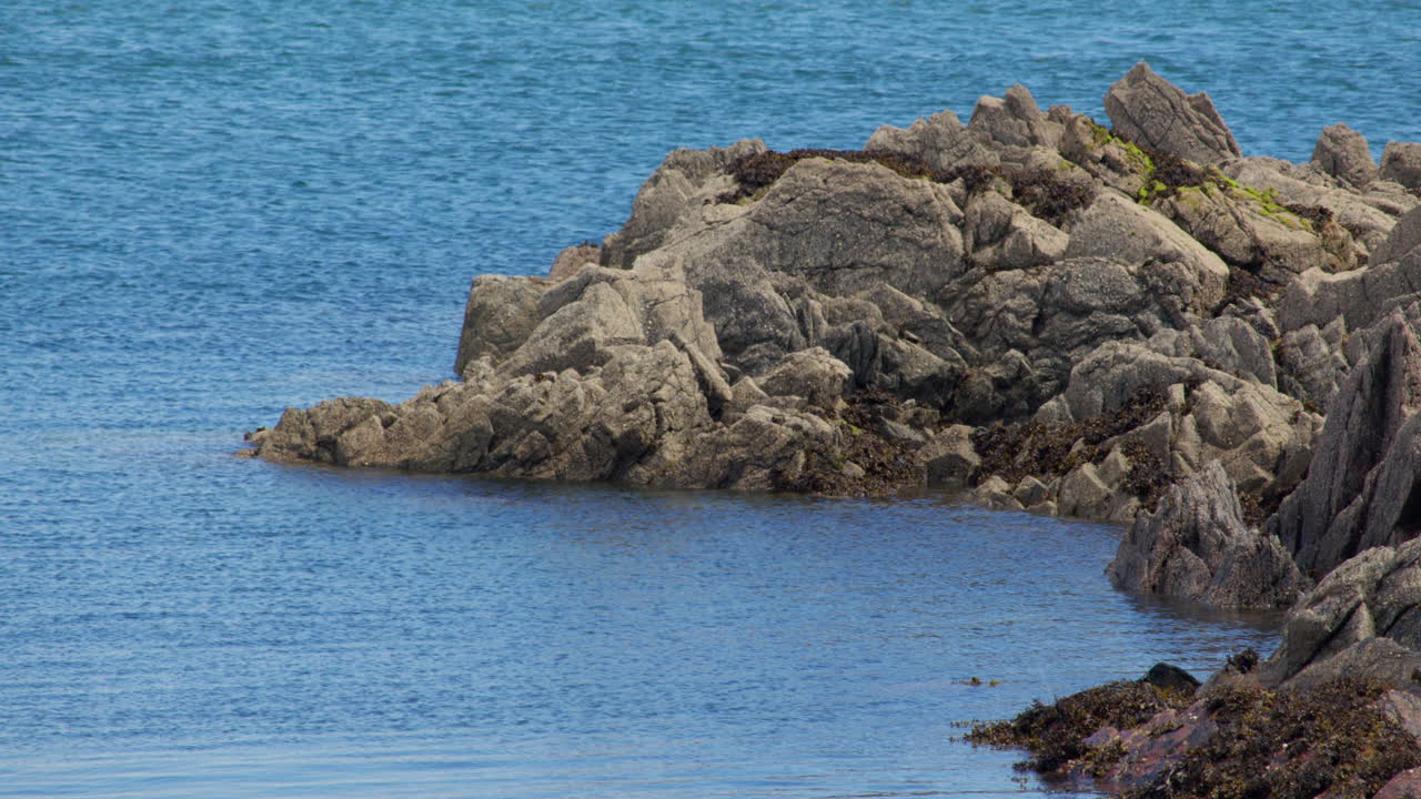 Piano medio di rocce con la bassa marea a Stinking Port, barche. Isle Head, Isle of Whithorn.