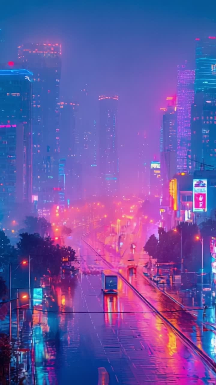 Uma paisagem noturna transformadora: serenidade urbana brilhante em meio a ruas encharcadas pela chuva, onde cores vibrantes e superfícies refletivas se unem em uma harmonia cativante