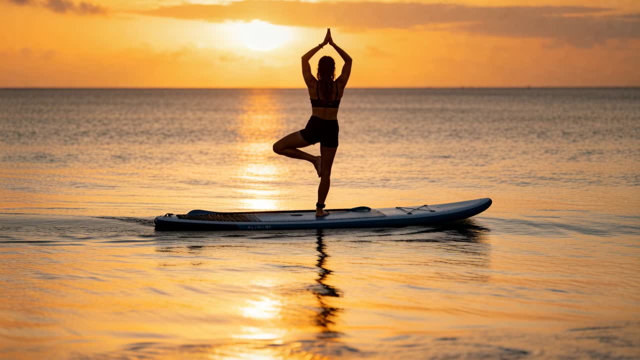 Donna in equilibrio che indossa reggiseno sportivo e pantaloncini, che pratica la posizione dell'albero su una SUP mentre il sole cala, per mantenere l'equilibrio.