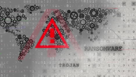 animation of warning sign over data processing and world map
