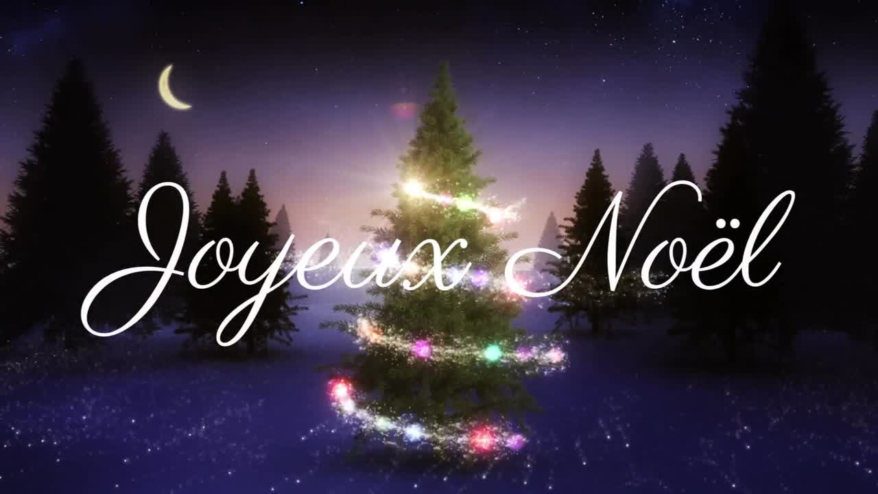 animación del texto de joyeux noel sobre el árbol de navidad y la nieve cayendo sobre el paisaje de invierno