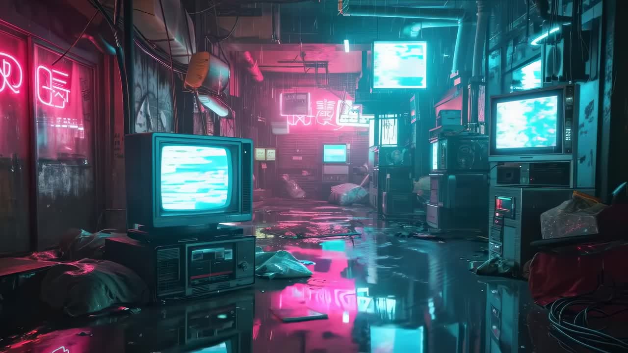 Cyberpunk-Gasse mit Neonlichtern und alten Fernsehern, die Rauschen anzeigen