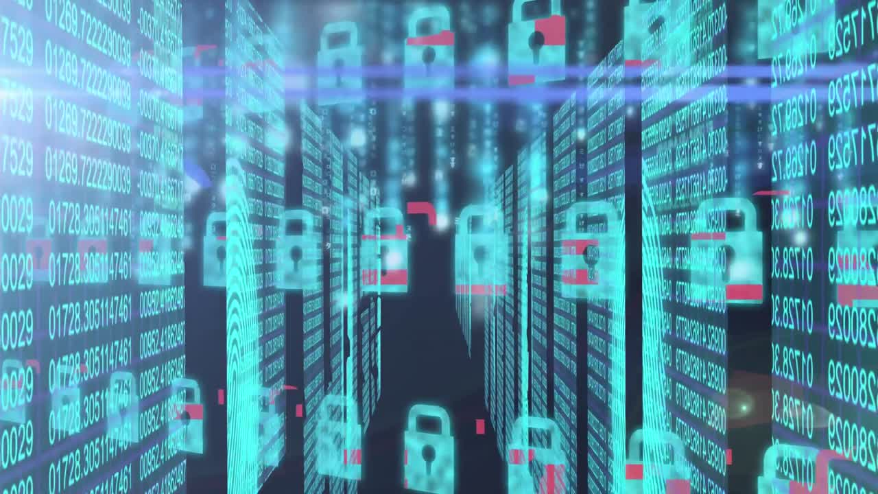 múltiples iconos de candados de seguridad que se mueven contra el procesamiento de datos de seguridad cibernética