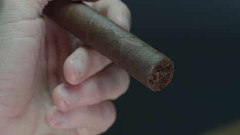 hand holding and rotating a cigar