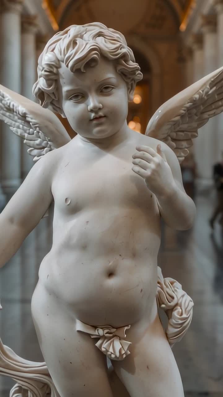 Video verticale: una camera in movimento avvicina un cherubino marmoreo in un museo, mostrando il volto e il drappeggio
