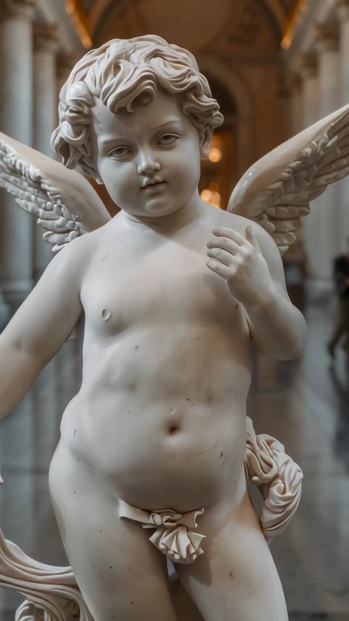 Video verticale: una camera in movimento avvicina un cherubino marmoreo in un museo, mostrando il volto e il drappeggio