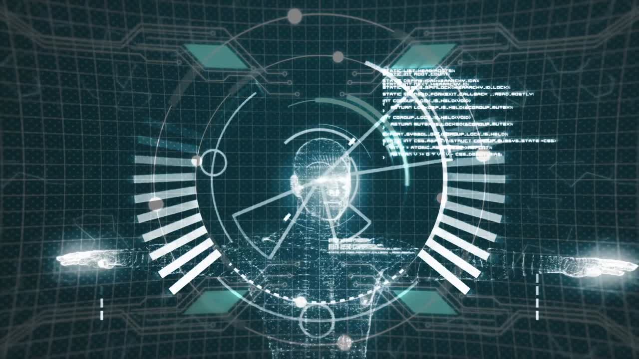 검은 바탕에 컴퓨터로 만들어진 인간의 애니메이션