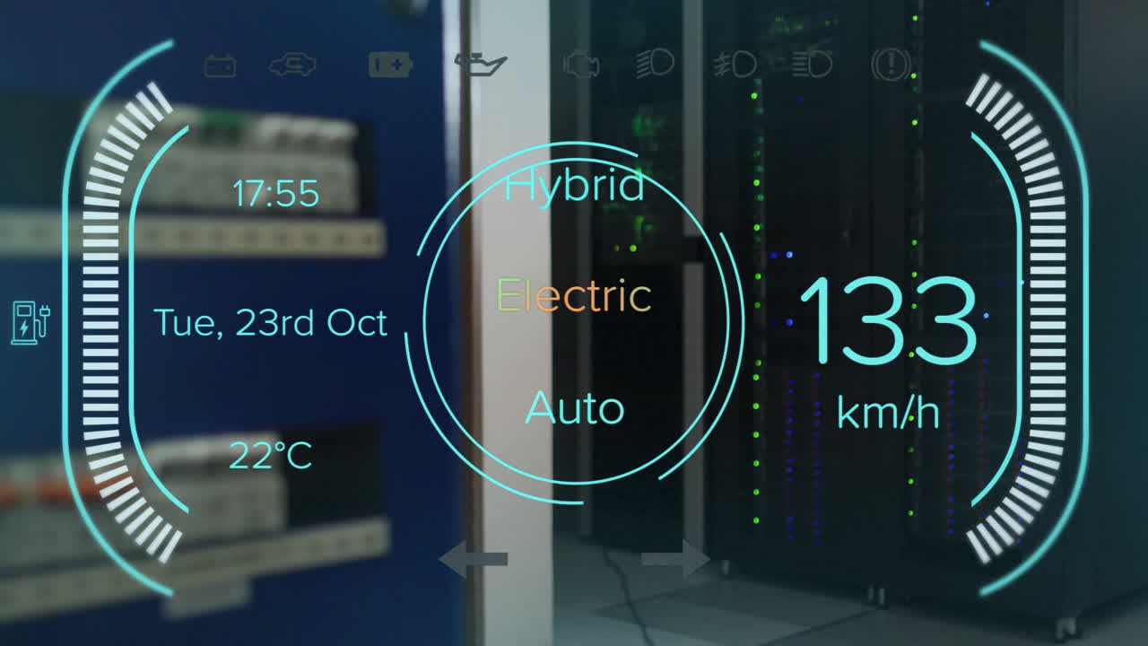 animación del panel del coche sobre la sala del servidor