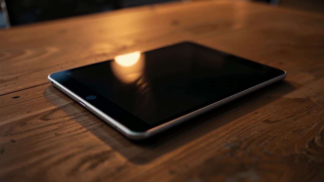 Tablet lying face-up on wood tabletop, camera shifting focus centering lamp reflection for tech
