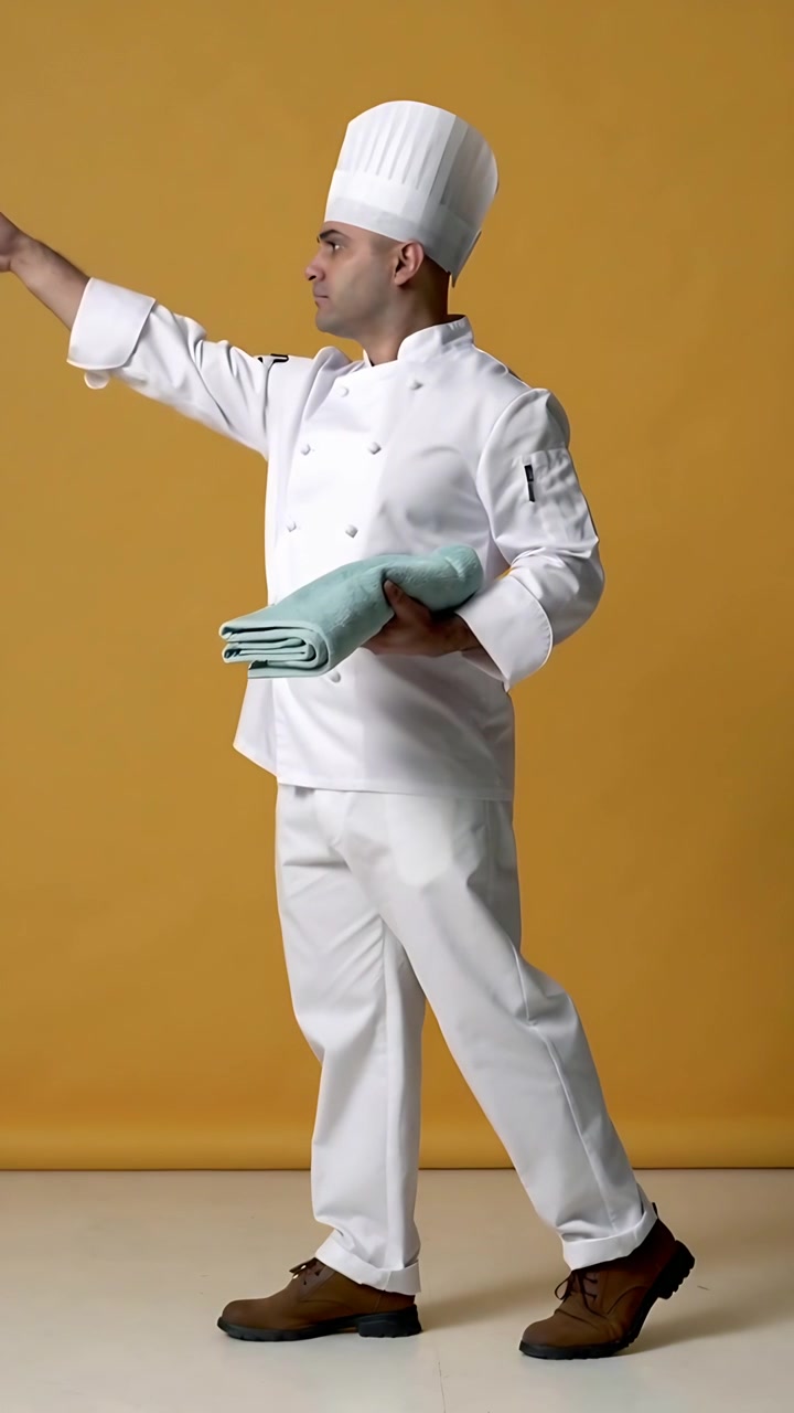 Video verticale: Chef di lato in giacca che inizia, alzando una frusta con un asciugamano color verde acqua in un'ambientazione color senape, con spazio per il testo.