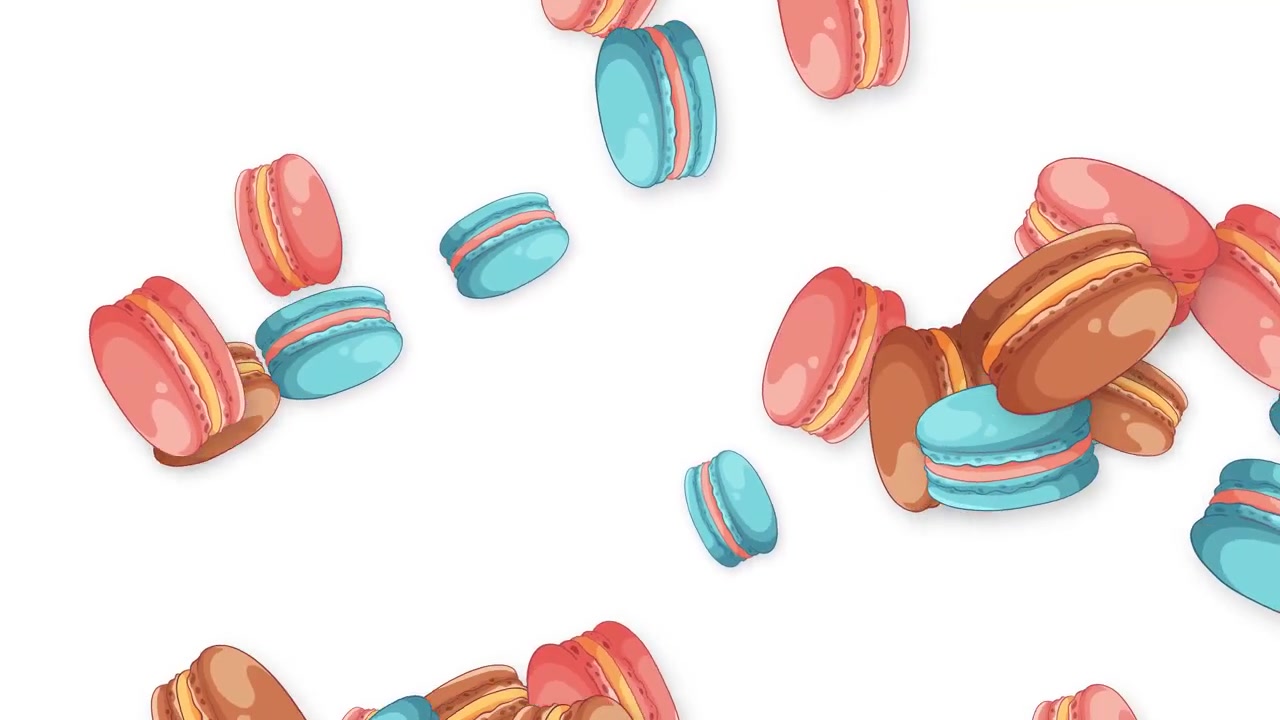Animated colorful macarons fall and bounce across a white background in a playful motion.