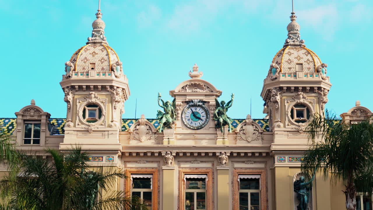 The facade of the Monte Carlo Casino with the blue sky on the background