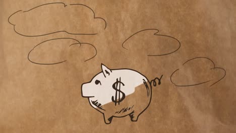 una alcancía dibujada con nubes sobre un fondo de papel marrón