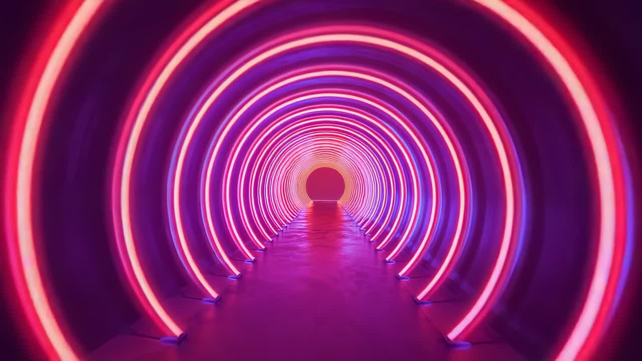 Concentric neon rings glowing inside gallery tunnel, concrete floor reflecting light for ambience