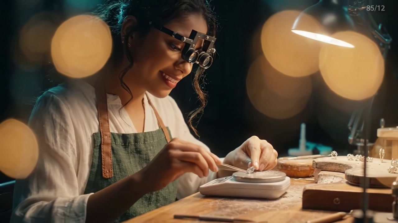 Focused artisan craftsmanship in jewelry making, showcasing skill and precision with tools in a beautifully lit workshop environment, capturing creativity and passion.