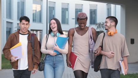 multiethnic group of students walking together while talking