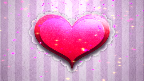 gran corazón de san valentín de caramelo en un patrón de rayas moradas con confeti de mosca