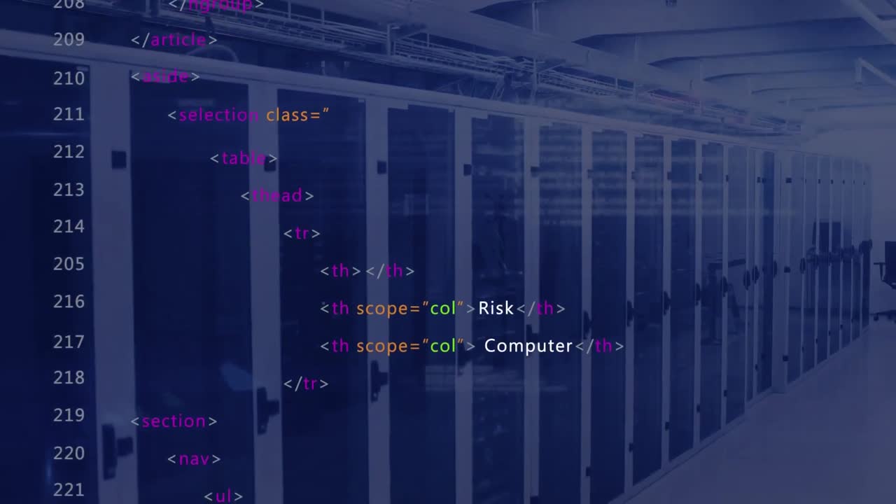 Animation of looping computer language over data server room
