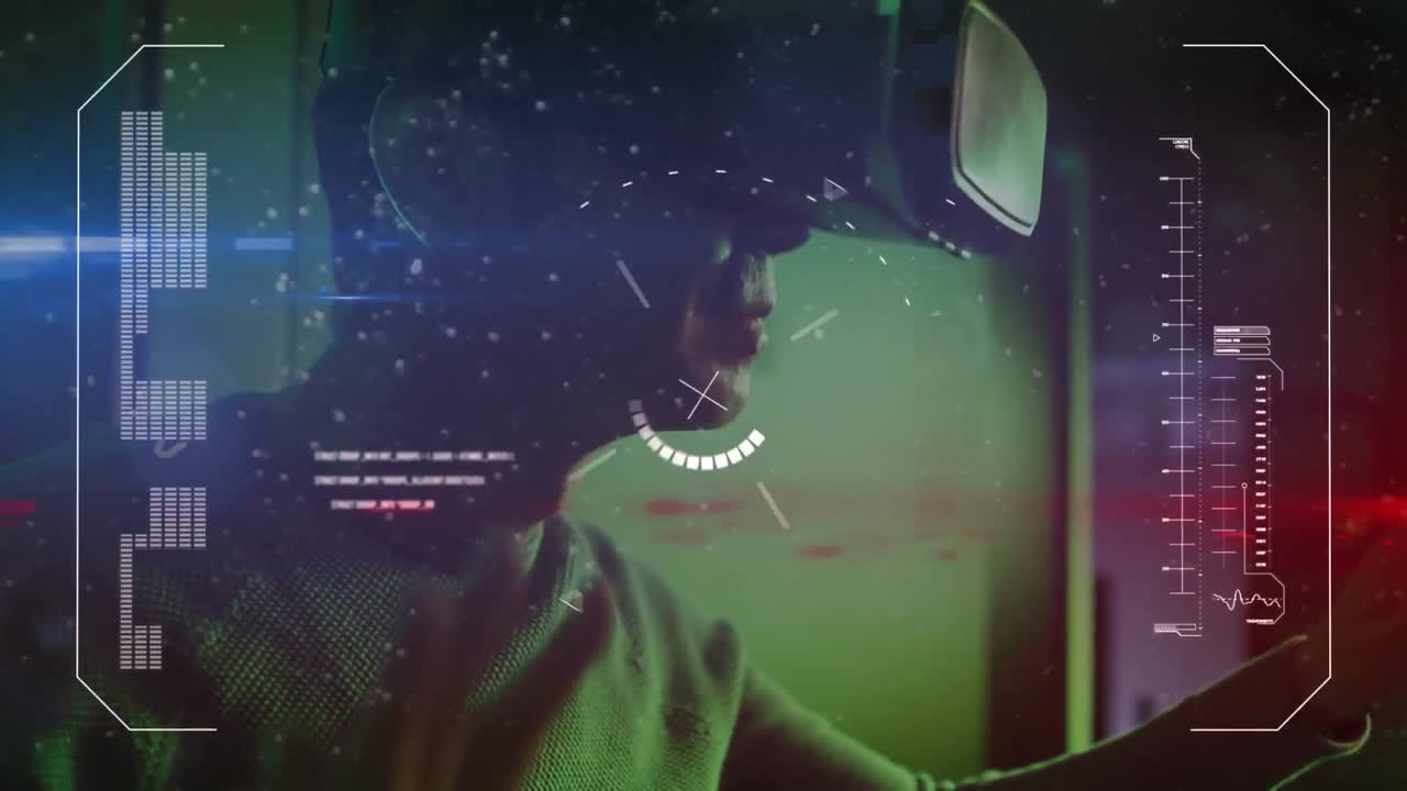 animación de datos sobre un ingeniero de ti asiático que usa auriculares vr por un servidor de computadora