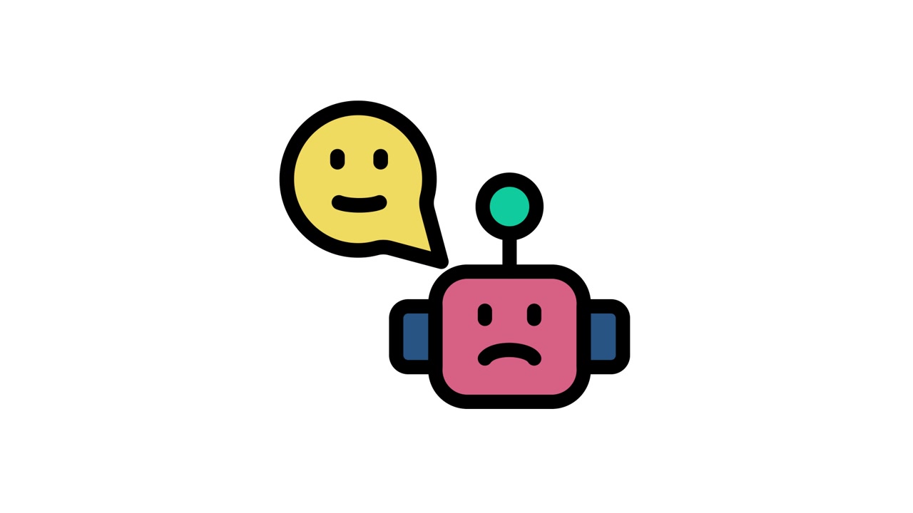 Animert robot-chatbot-ikon som uttrykker glade og triste følelser