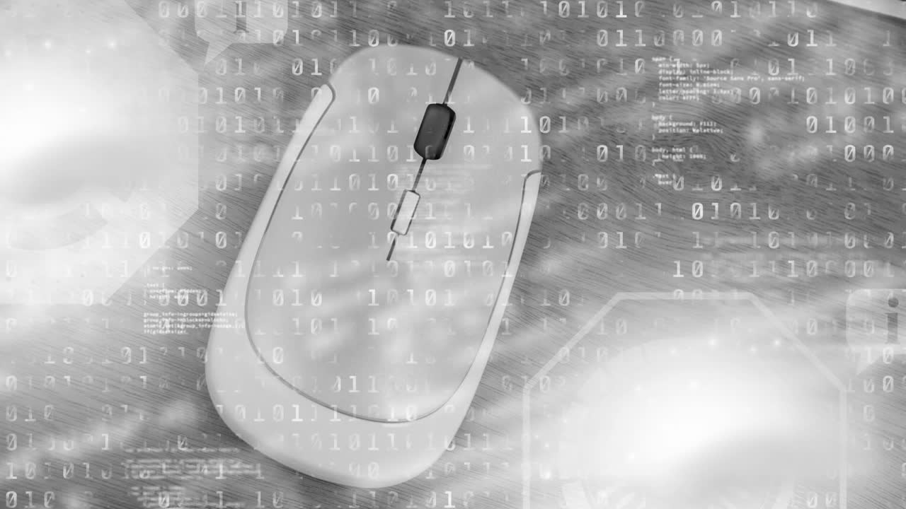 회색 배경에 컴퓨터 마우스를 통해 데이터 처리 및 바이너리 코딩의 애니메이션