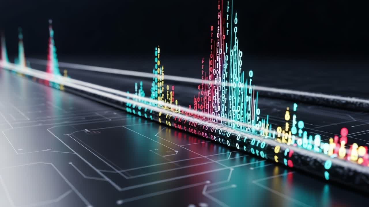 Dynamic Visualization of Data Streams Illustrated Through Vibrant Colorful Patterns, Showcasing Complex Data Relationships in a High-Tech Environment