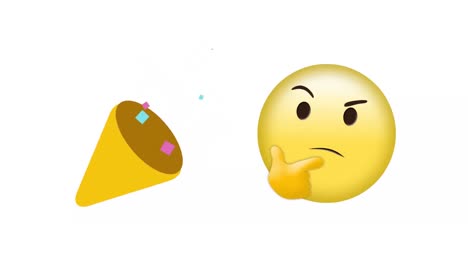 Digital-animation-of-party-popper-icon-and-thinking-face-emoji-against-white-background