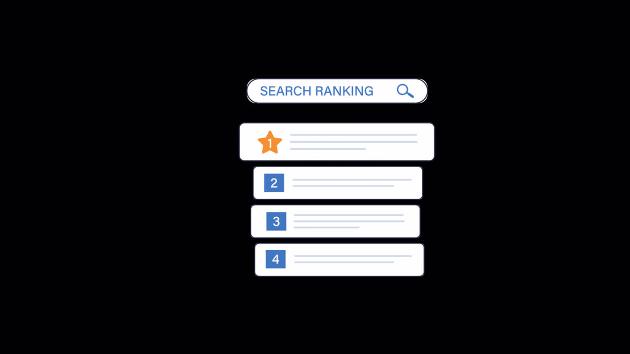 Risultati animati di ranking di ricerca che appaiono su sfondo nero.