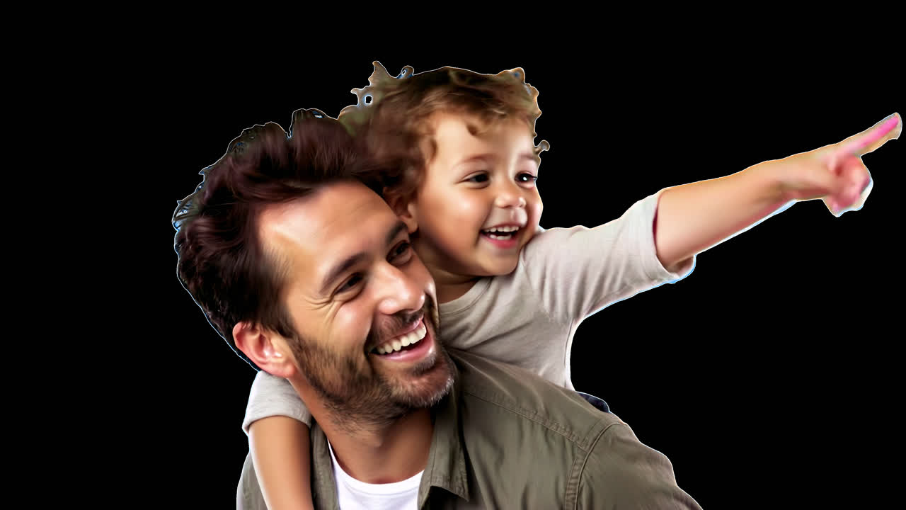 Animación alegre de padre e hijo juntos, recurso aislado, vídeo transparente en 4K, canal alfa, ProRes