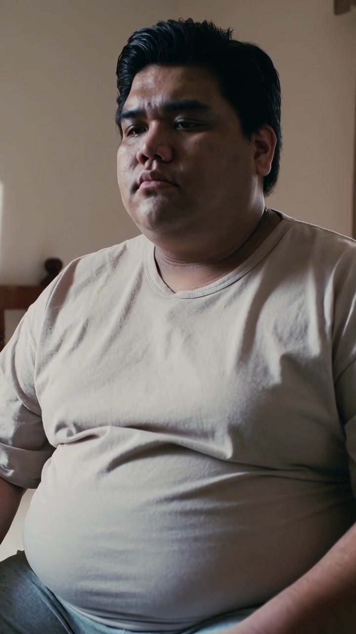 Video verticale: Uomo asiatico seduto che registra, sposta lo sguardo e inclina il mento in camera da letto, indossa una maglietta beige.