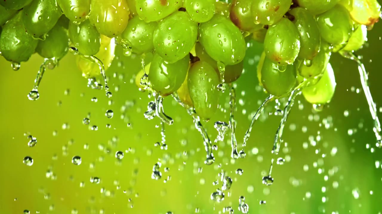 Frische grüne Trauben mit Wassertropfen in Zeitlupe