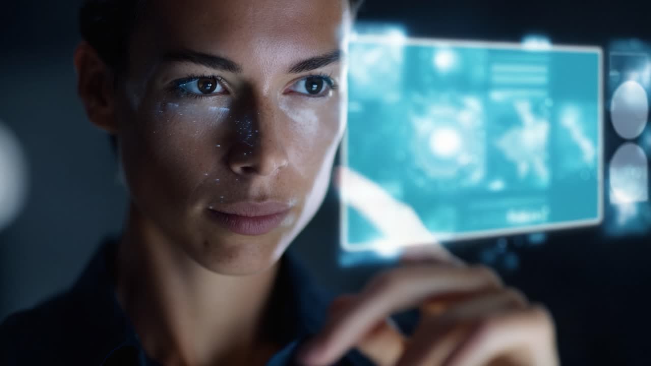 Una donna concentrata con un display olografico futuristico, che esplora dati digitali e tecnologia in un ambiente sofisticato e illuminato.