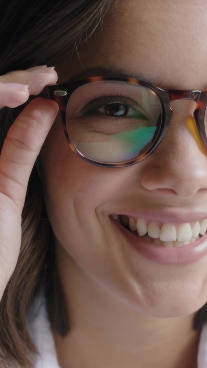 Video vertical: Mujer sosteniendo gafas de carey, ajustándolas con la mano izquierda para ver en una habitación, con una blusa clara.