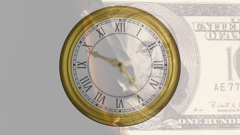 animación del tic-tac del reloj sobre el billete de dólar estadounidense en llamas