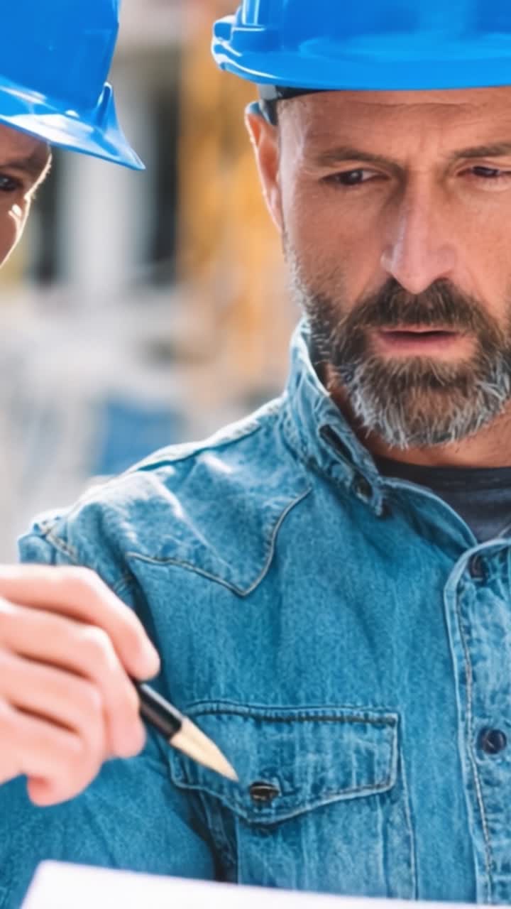 Two Construction Workers Collaborating on a Project, Reviewing Plans Together While Wearing Safety Helmets and Denim Shirts in an Outdoor Environment