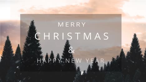 Animation-of-merry-christmas-and-happy-new-year-text-banner-against-tall-trees-and-sky