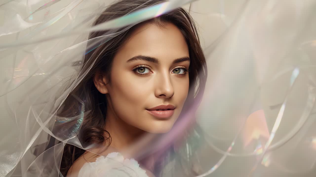 Velo fluttuante, nastri che rivelano la modella mentre fissa l'obiettivo in studio, indossando un abito di pizzo bianco per il ritratto