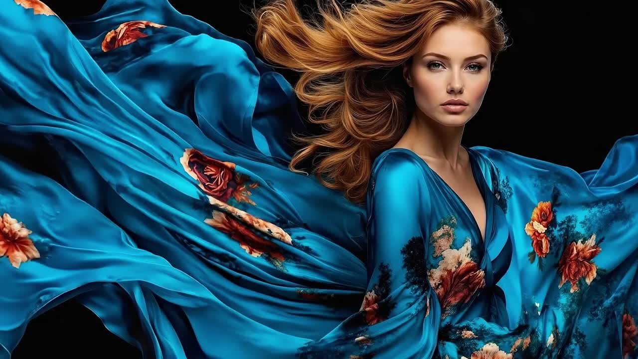 una mujer con un vestido azul con flores en él