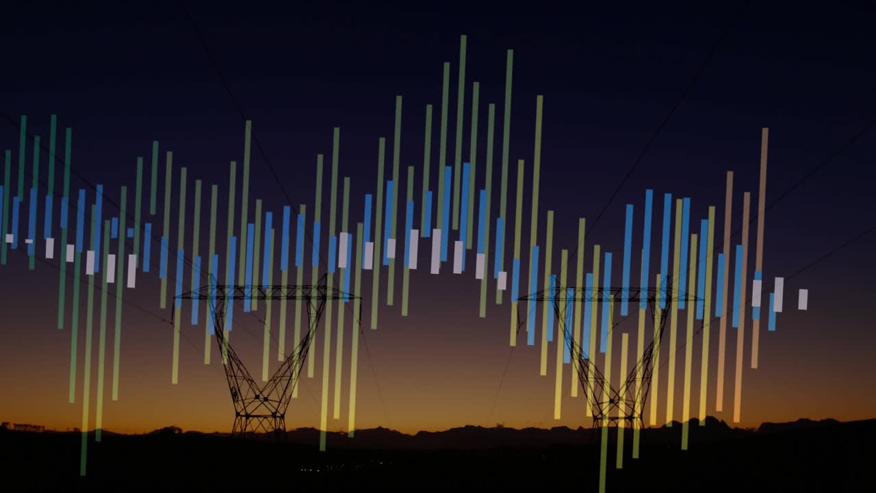 Animated teal-cyan bars emerging left, growing across, forming waveform over towers showing energy