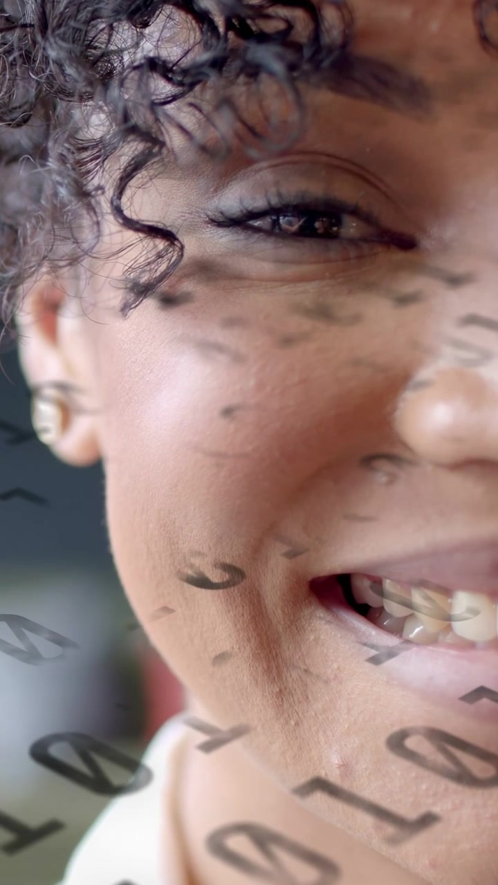 Vertical video: Numerals over face spurring woman opening eyes and smiling in tech closeup