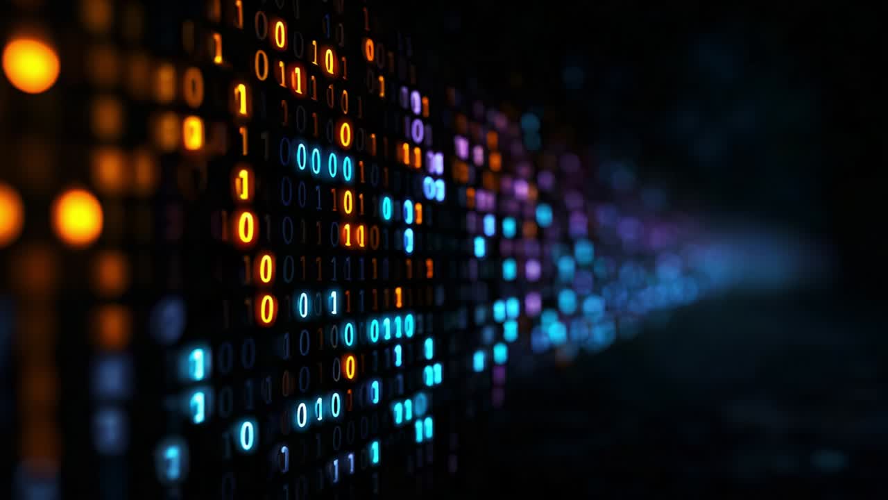 A mesmerizing visual representation of binary code with vibrant colors, showcasing an abstract digital environment filled with flowing streams of illuminated 0s and 1s that creates a futuristic atmosphere