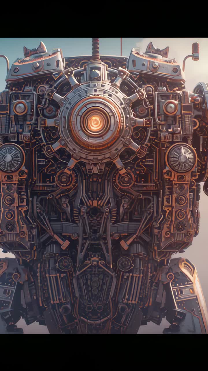 Vertical video: Pulsing metal torso receiving power signal, cycling core and gears under open sky