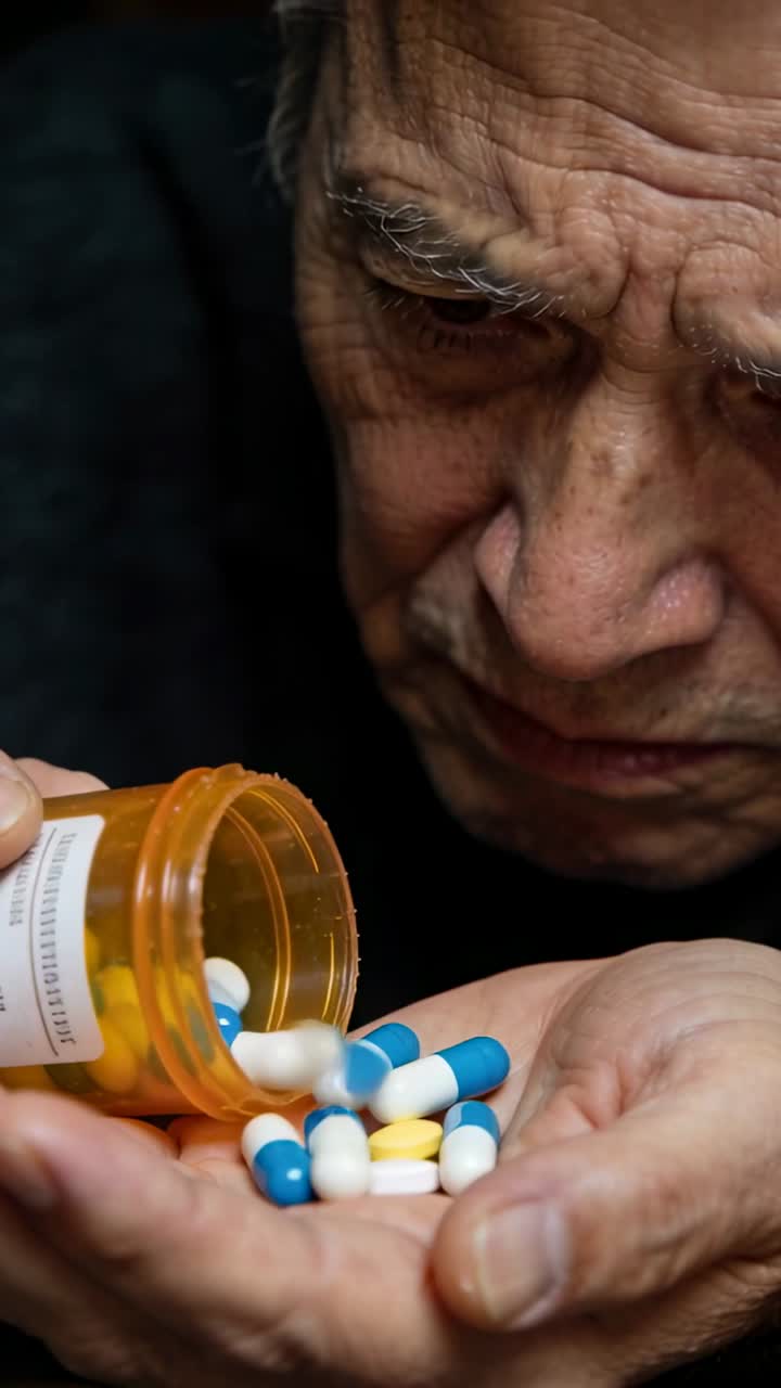 Video verticale: Uomo anziano che inclina una boccetta di farmaci versando pillole nella mano e controllando la dose per la salute.